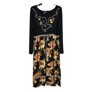 Vtg Y2K Carole Little Shift Dress Womens 10P Black Tan Floral Ribbed Long Sleeve